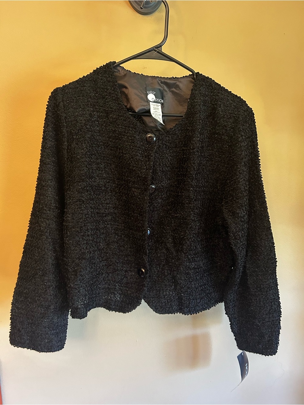 First Option Vintage Black Bouclé Button-Front Women's Jacket Size Medium